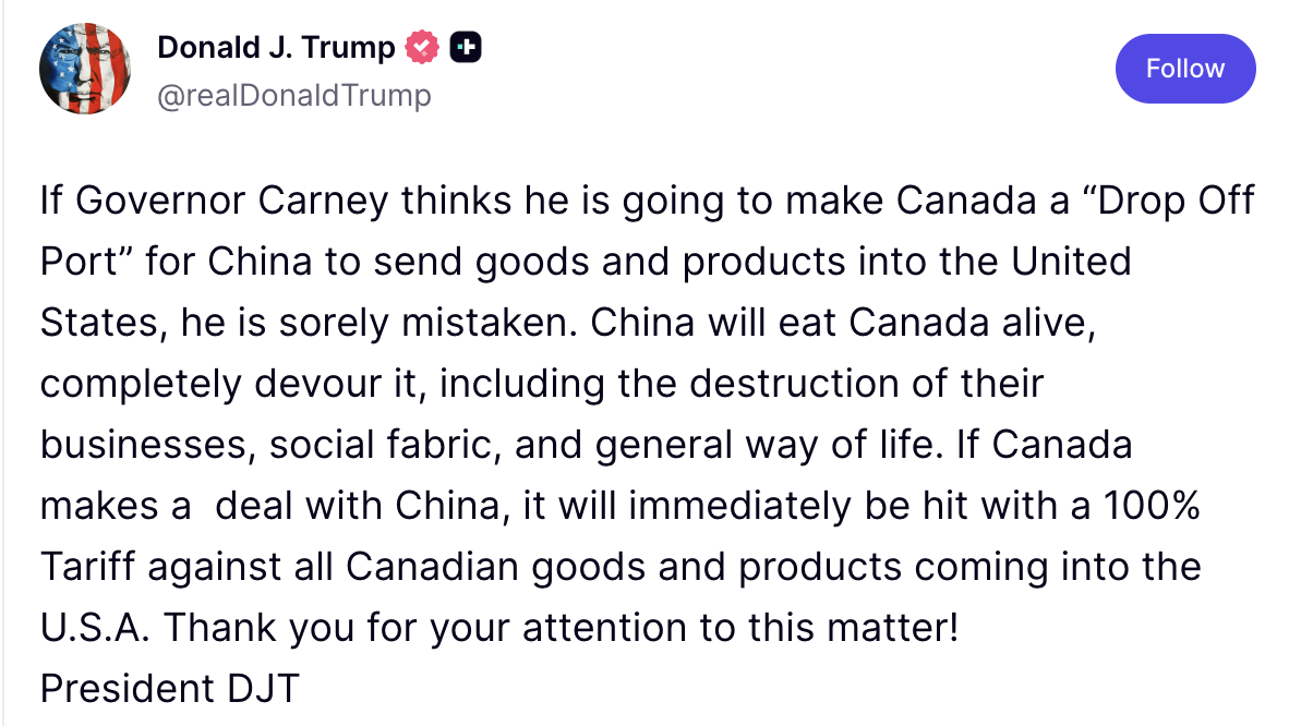 Trump Threatens 100% Tariffs on Canada as China Trade Fears Grow